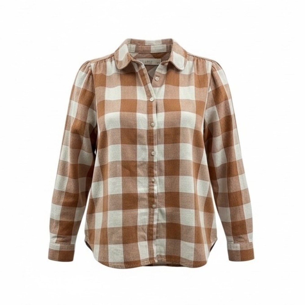 LOFT Petite Plaid Button Down Shirt Brown Cream Long Sleeve Size MP